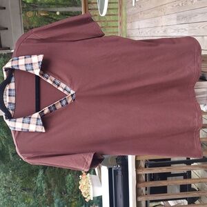 Women's Plaid Patchwork Polo V Collar Short Sleeve Casual Top Sz L